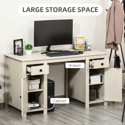 Farmhouse Computer Desk with Storage, Home Office Desk with 2 Drawers and 2 Cabinets, Cream White