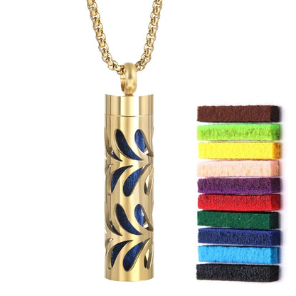 Gold Stainless Steel Aromatherapy Necklace - Cylindrical Hollow Pendant Essential Oil Diffuser