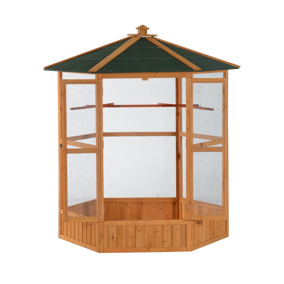 Large Wooden Bird Aviary – Hexagonal Outdoor Flight Cage with Covered Roof