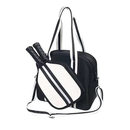Striped outdoor neoprene travel bag by Sheila Merchandise with two tennis rackets fashionable tennis equipment bag