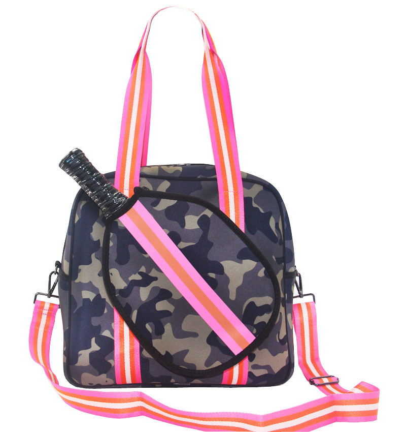 Striped outdoor neoprene travel portable fashionable tennis equipment bag with pink and orange straps