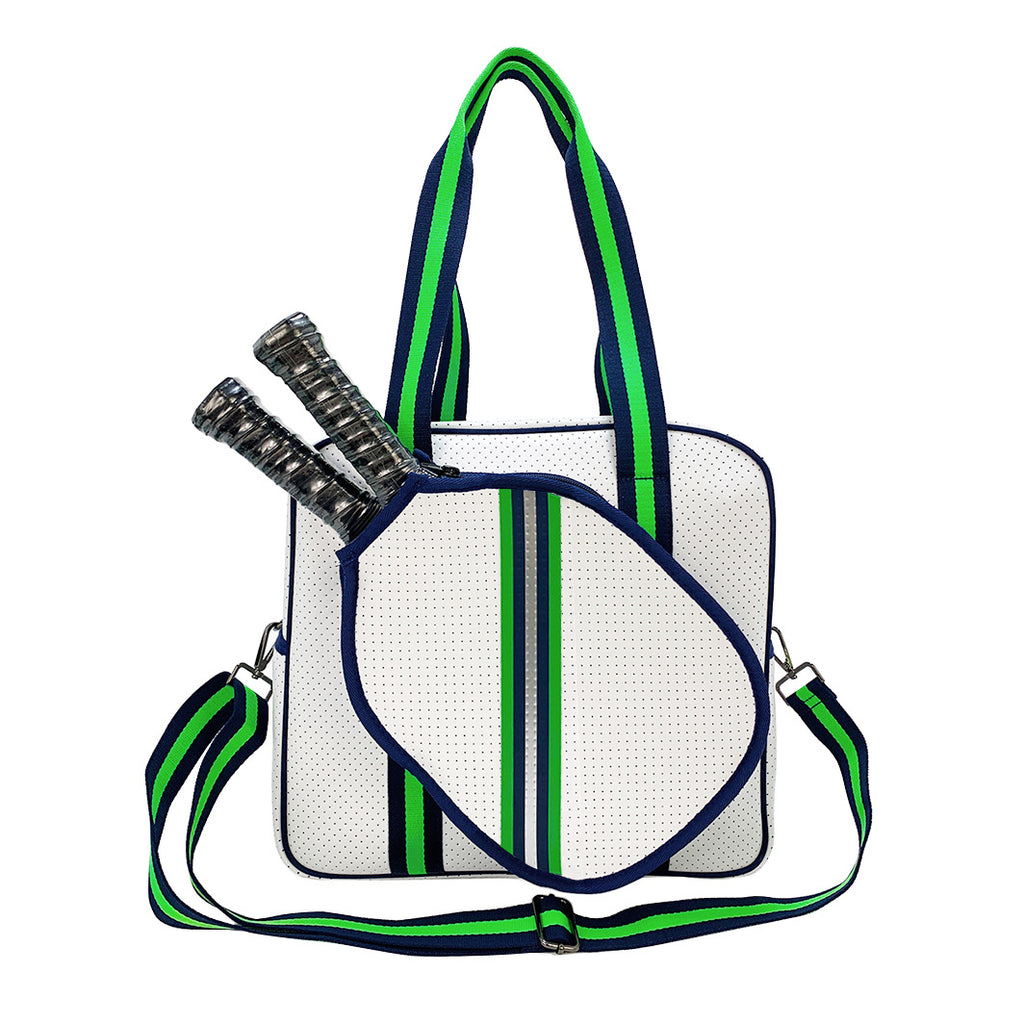 Striped outdoor neoprene travel portable bag with matching tennis racket cover fashionable tennis equipment bag