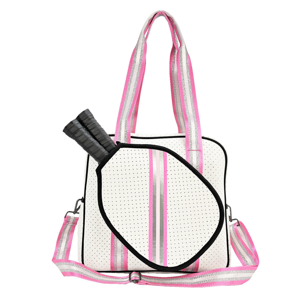 Striped outdoor neoprene travel portable bag by Sheila Merchandise fashionable tennis equipment bag with pink and white design