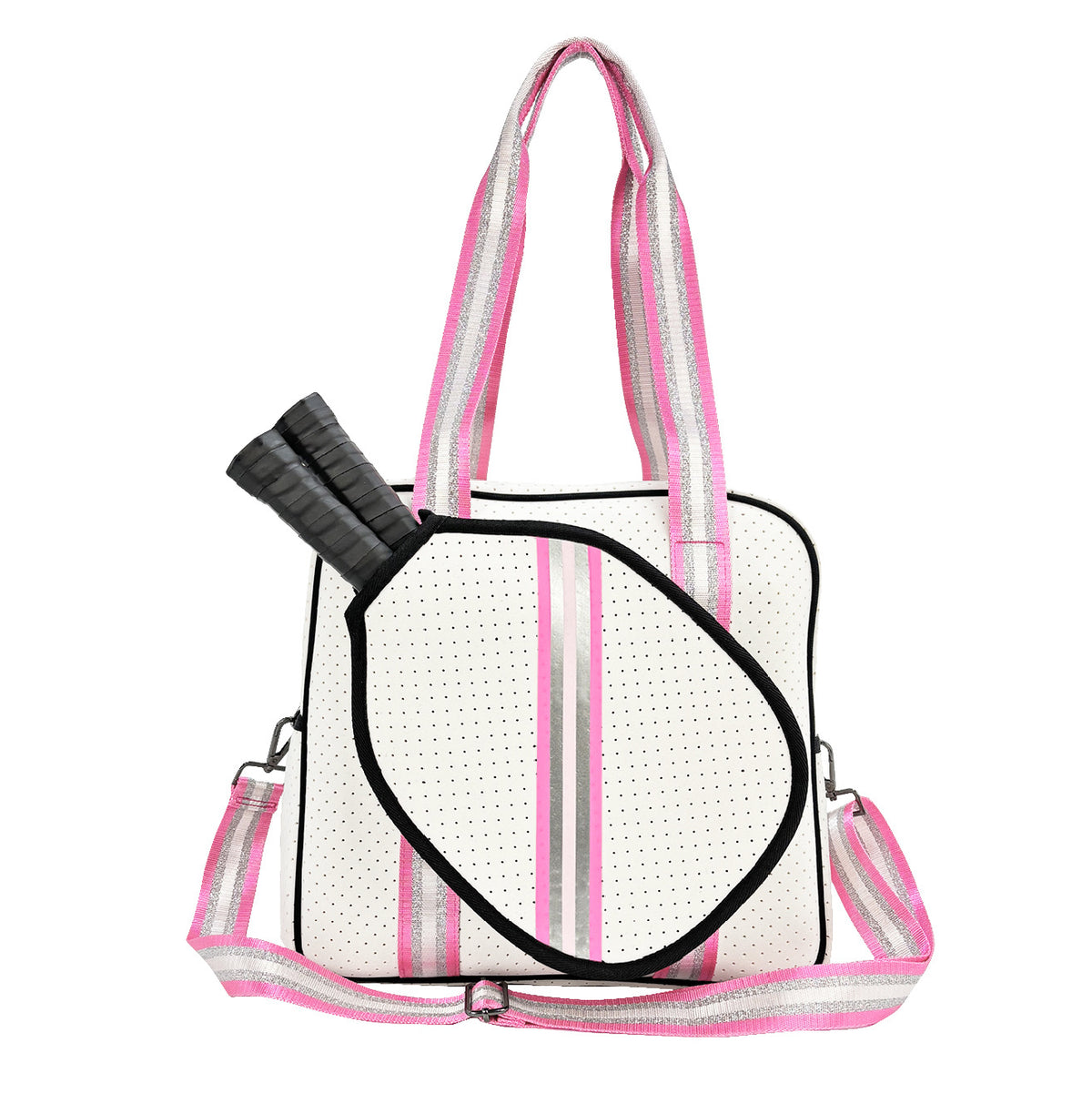 Striped outdoor neoprene travel portable bag by Sheila Merchandise fashionable tennis equipment bag with pink and white design