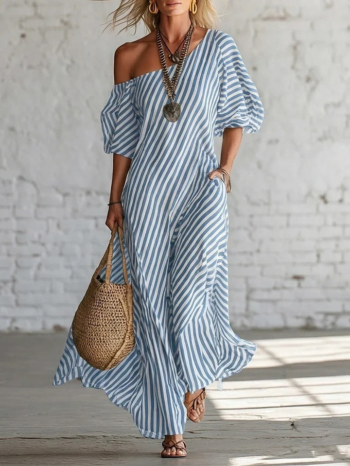 Women's Striped Off-Shoulder Maxi Dress