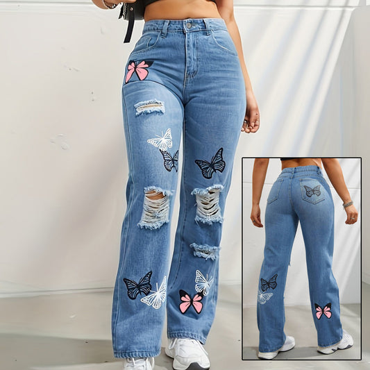 Women's Butterfly Print High Waist Straight Leg Jeans
