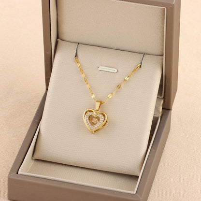 Rhinestone-Embellished Titanium Steel Love Necklace.