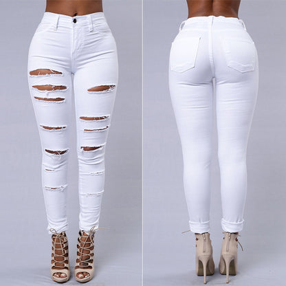 Women's High Waist Ripped Skinny Jeans – Cotton Pencil Pants in Black & White