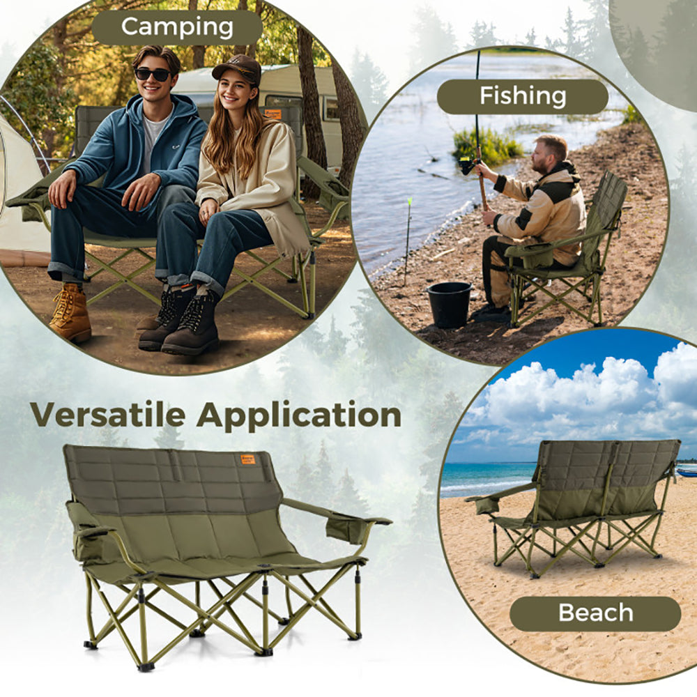 Double Camping Loveseat Chair - Oversized Folding Couch with Cup Holders, 660 lbs Capacity