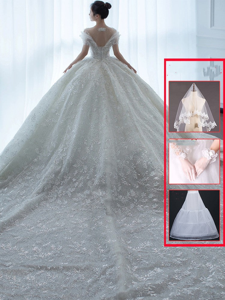 Off-Shoulder French Lace Wedding Dress - Romantic Bridal Gown with Elegant Sleeves