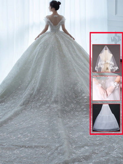 Off-Shoulder French Lace Wedding Dress - Romantic Bridal Gown with Elegant Sleeves