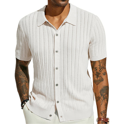 Men's Knitted Short Sleeve Button-Down Shirt, Solid Color