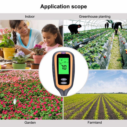 Sheila Merchandise garden soil tester kit with digital display shown for indoor, greenhouse, garden, and farmland use