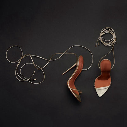 Sheila Merchandise ankle strap stiletto sandals with long lace ties and pointed toe in metallic finish