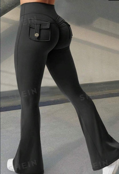 Sheila Merchandise high-waist yoga pants in black with flared design and back pockets