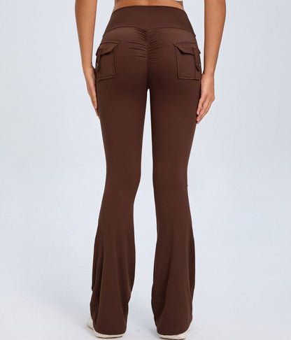 Brown high-waist yoga pants with back pockets and flared design for comfort and style
