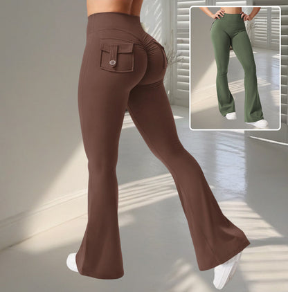High-waist yoga pants in brown and green with flared legs and stylish pockets for active comfort