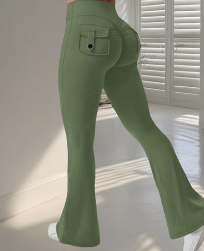 High-waist yoga pants in olive green with flared legs and back pocket design for comfortable movement