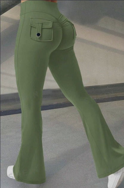 Flare high-waist yoga pants in olive green with pocket detail for comfort and style
