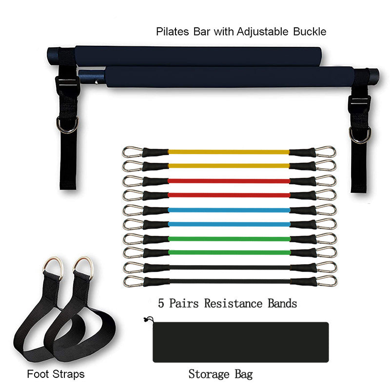 Sheila Merchandise home exercise bar with adjustable Pilates bar, five pairs of resistance bands, foot straps, and storage bag
