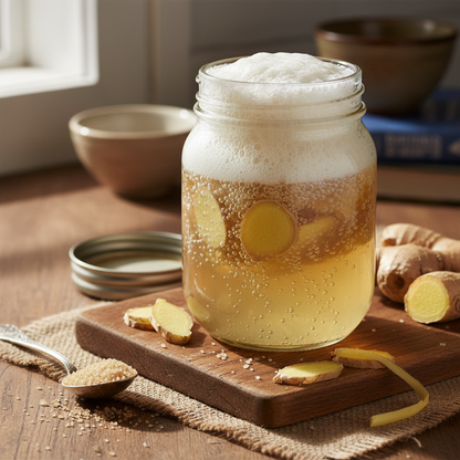 Active ginger bug starter culture in a glass jar with fresh ginger and fermentation bubbles