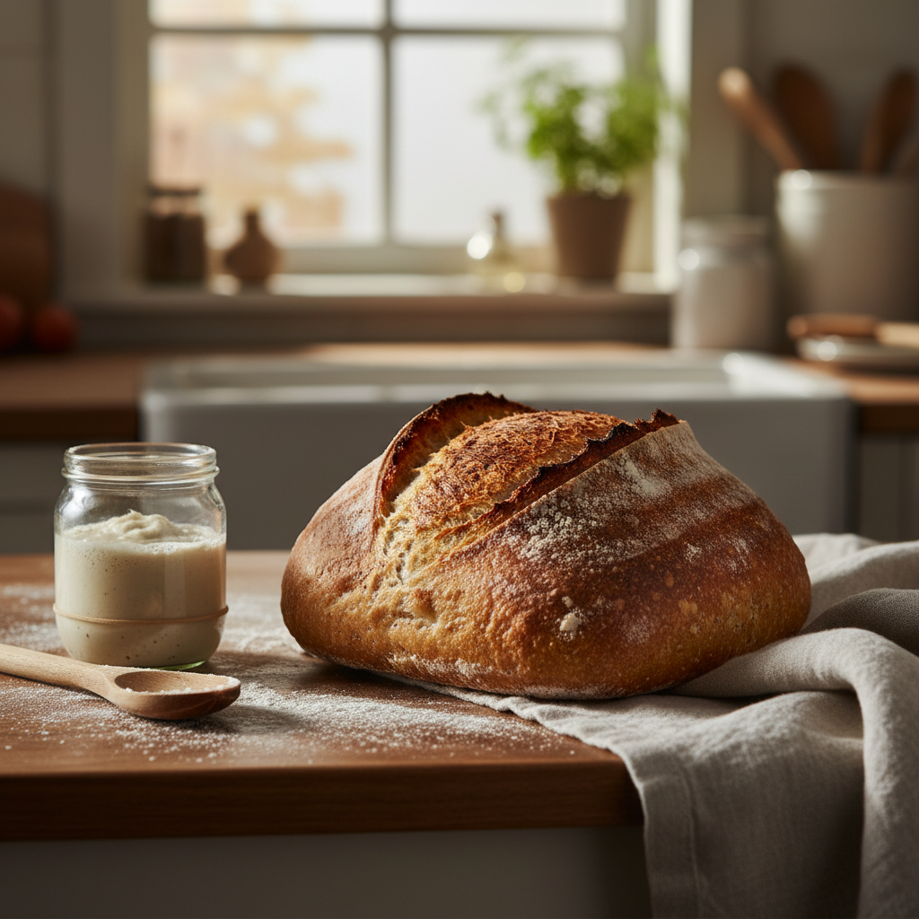 Freshly baked sourdough bread sitting on a kitchen countertop