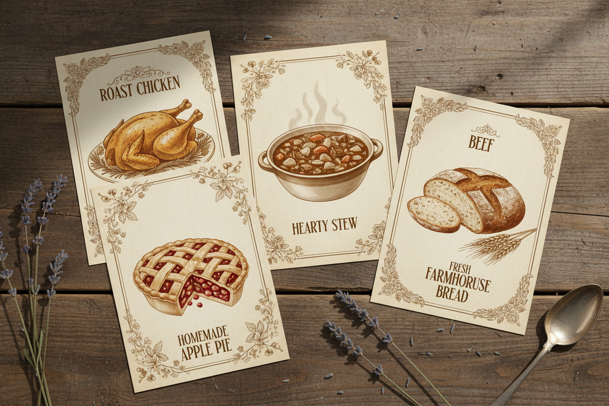 Vintage old-fashioned food recipe cards with classic comfort food illustrations
