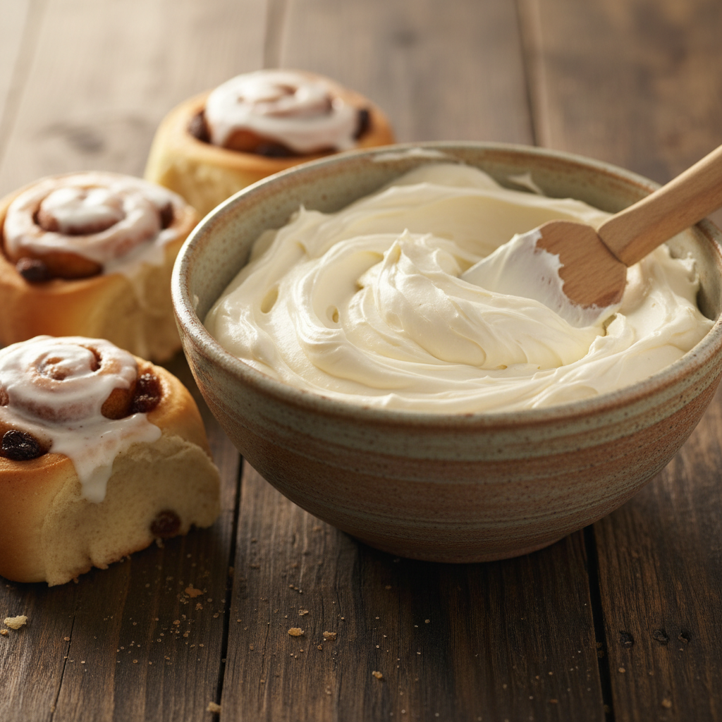 Rustic bowl of thick creamy cream cheese frosting
