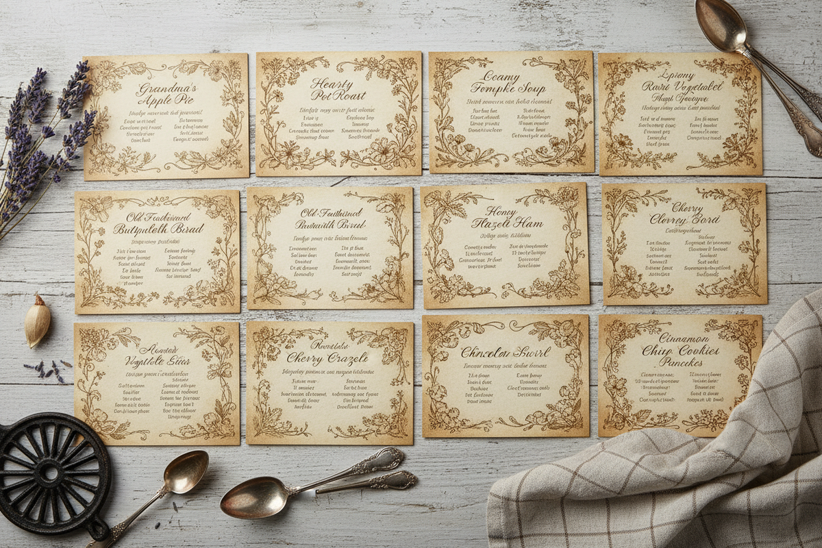 Vintage old-fashioned cooking recipe cards set of 12
