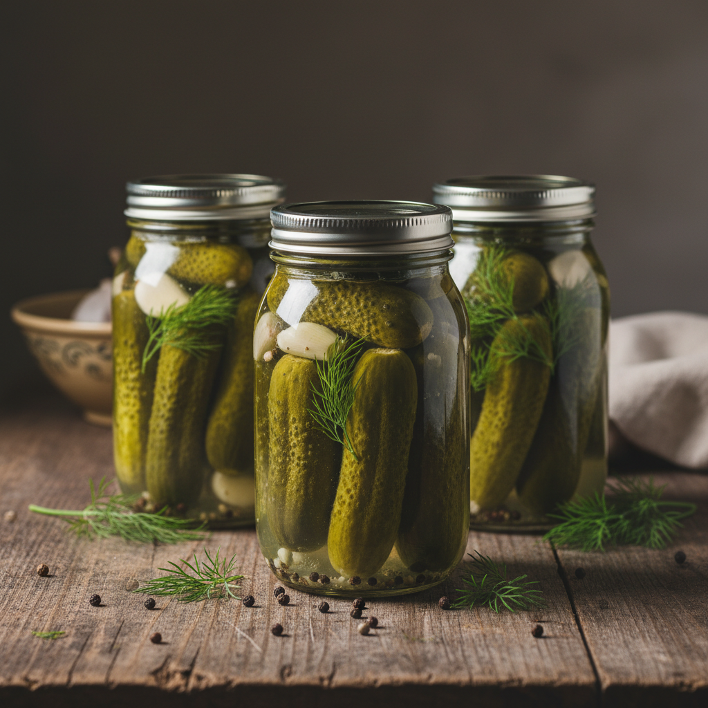 Homemade fermented pickles in mason jars with dill, garlic, and peppercorns in brine