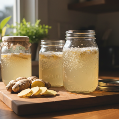 Close-up of ginger fermentation jars with bubbles and warm lighting