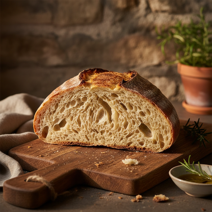 Sliced sourdough bread showing open crumb structure on a wooden cutting board