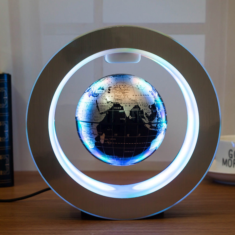 Round LED floating globe for home decor with world map design suspended inside circular frame