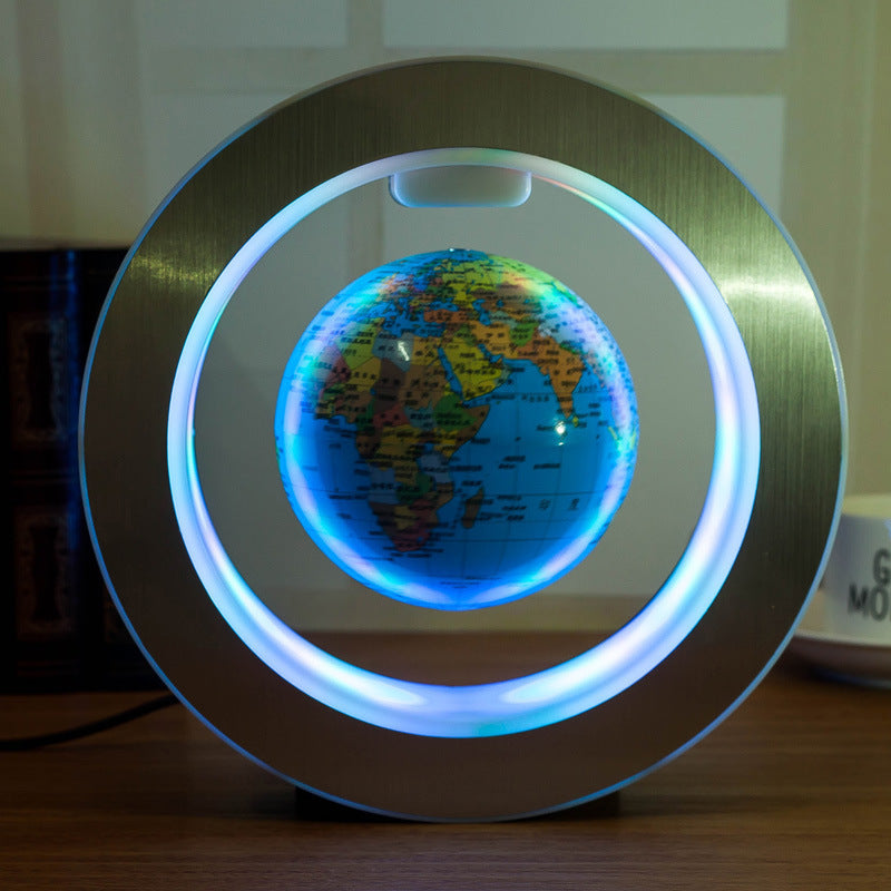Round LED floating globe for home decor showing a colorful world map floating inside a silver circular frame