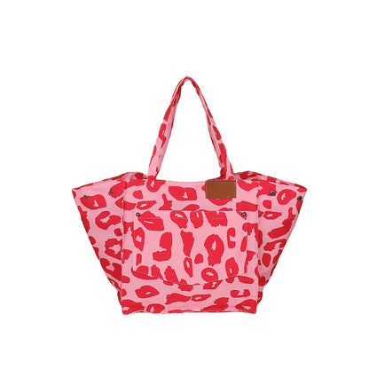 Pink and red leopard print tote bag with large capacity and shoulder handles