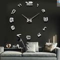 Luxury acrylic wall clock oversized design mounted on dark wall above gray living room sofa