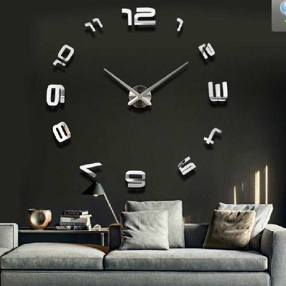 Luxury acrylic wall clock oversized design mounted on dark wall above gray living room sofa