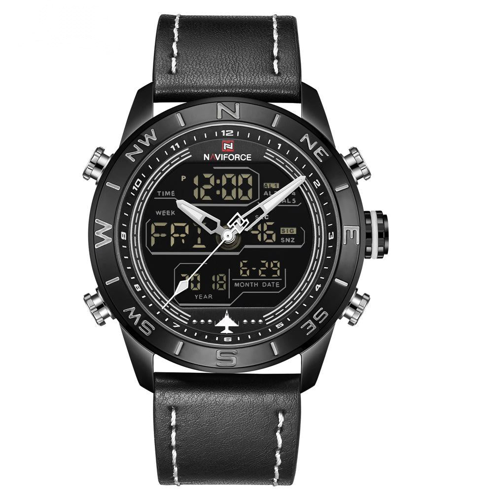 Men's fashion watch with leather band featuring digital and analog display for stylish timekeeping