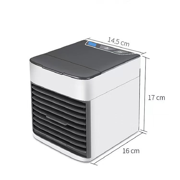 Compact white and black portable air conditioner fan with digital controls and ventilation grille