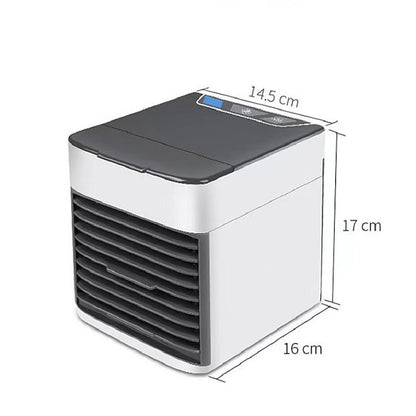 Compact white and black portable air conditioner fan with digital controls and ventilation grille