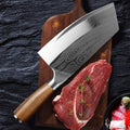 Sheila Merchandise premium stainless steel kitchen knife with wooden handle on cutting board with raw meat