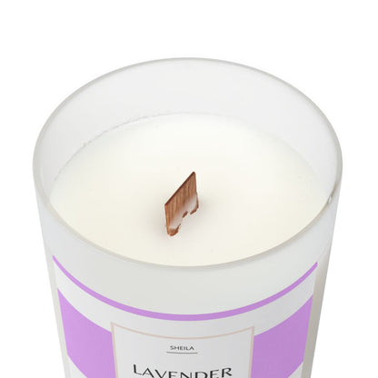 Relaxing lavender candle in a sleek jar with wooden wick for soothing ambiance