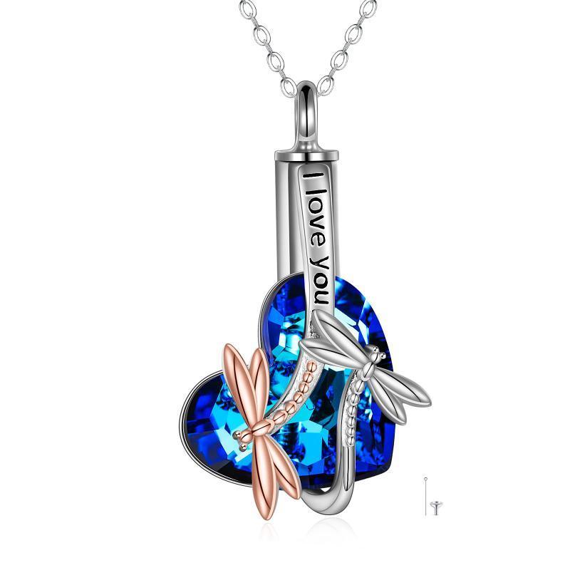 Sterling silver dragonfly urn necklace with blue heart crystal and dual-tone dragonfly design