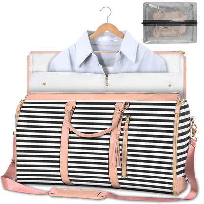 Stylish travel bag with a striped design, spacious interior, and a removable organizer pouch