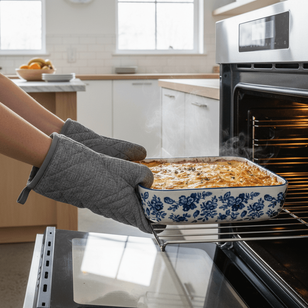 Taking dish out of oven