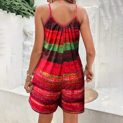 Sheila Merchandise casual sleeveless jumpsuit for women in vibrant red and green stripes with adjustable straps