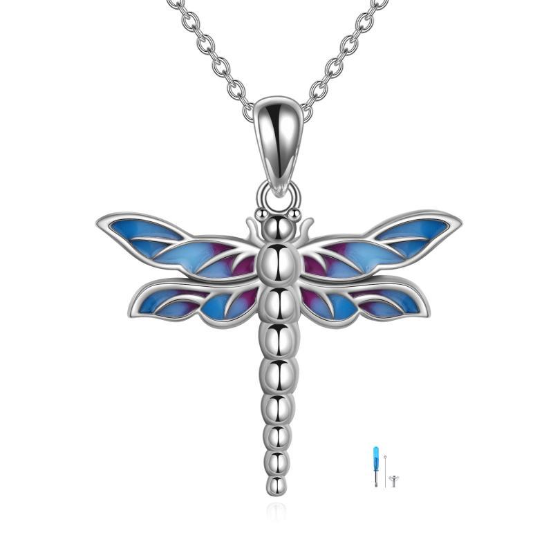 Sterling silver dragonfly urn necklace with blue and purple enamel wings on a chain