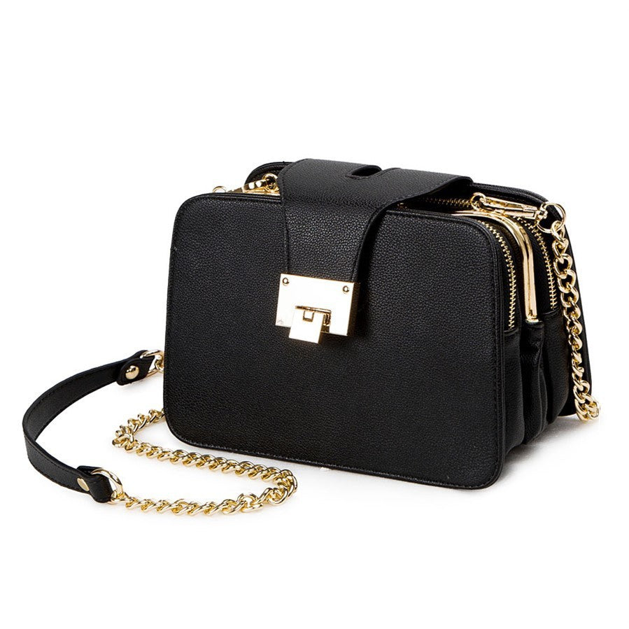 Black leather handbag with gold chain strap and dual zipper compartments from Sheila Merchandise versatile fashion handbags