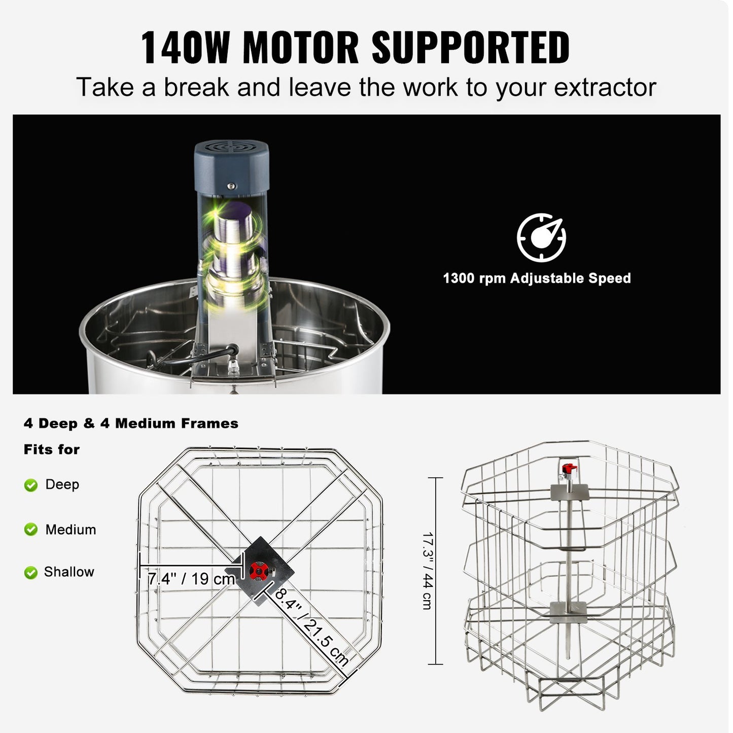 Stainless steel honey extractor with 140W motor and adjustable speed for deep and medium frames