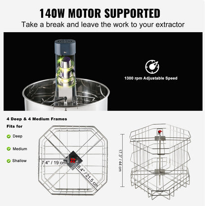 Stainless steel honey extractor with 140W motor and adjustable speed for deep and medium frames